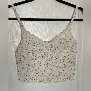 White and pink ditsy floral ribbed cropped lace-trim cotton stretch cami